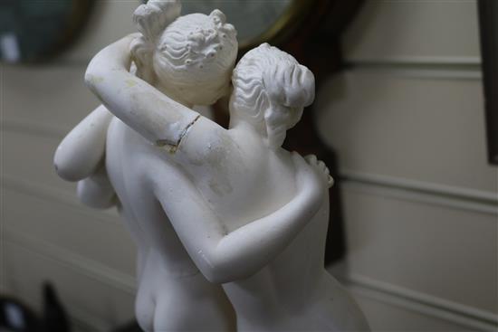 A plaster model of The Three Graces under a glass dome height 43cm